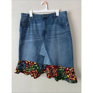 Like New!  Upcycled Denim Skirt Ankara Fabric Ruffle Cotton 16